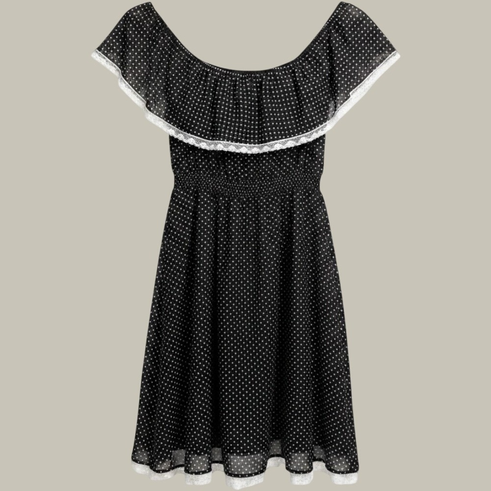 Vintage Leslie Fay Polka Dot Lace Trim Off Shoulder‎ Smocked Waist Dress Black